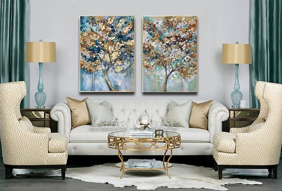 Duality - 48" x 36" Abstract Tree Art, Set of Two Paintings, Multi Panel Abstract, ORIGINAL Painting, Gold Leaf Painting, Black and Gold, Large Art