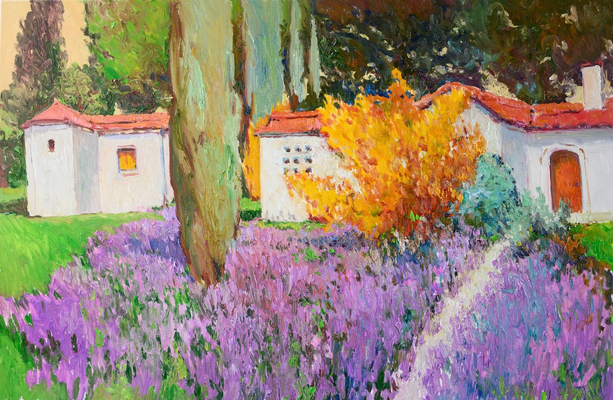 Expressive Landscape Oil Painting By Suren Nersisyan, 36 X 24", Lavender And Hispanic Houses, Original Artwork