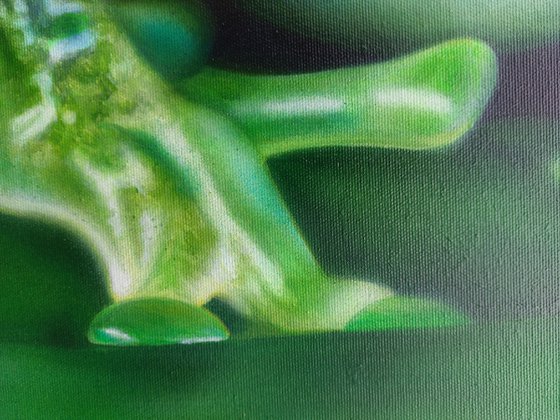 Green frog art, hyperrealism,  hyperrealistic artwork,  realism acrylic painting