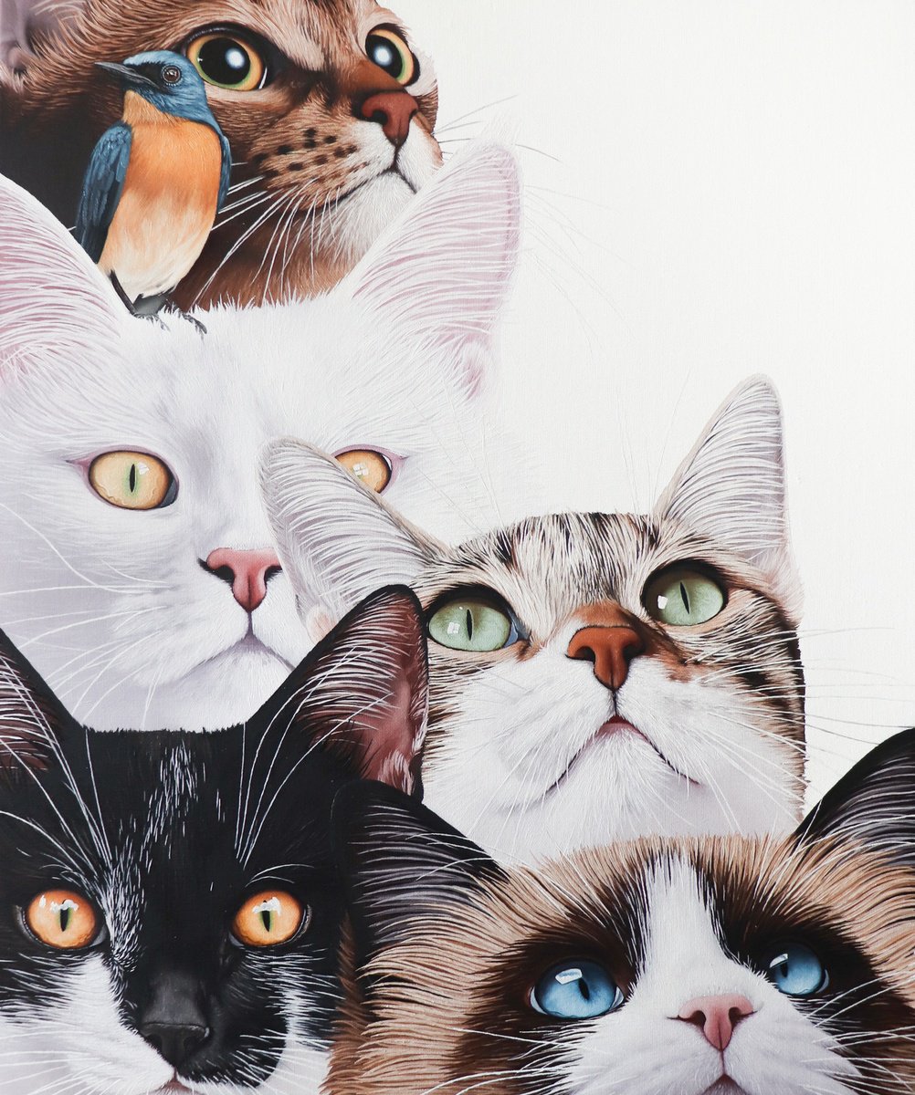 Photorealistic Animal Oil Painting By Milie Lairie, 20 X 24", Bluebird And Cats, Original Artwork