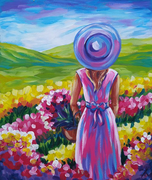 In flowers - acrylic painting, tulips, girl, woman, flowers, tulips field, relaxation, woman by Anastasia Kozorez