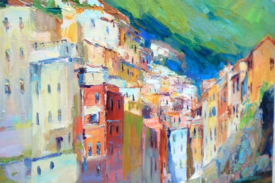 Riomaggiore, Italy seascape oil painting- impasto painting - Italian bay area art work