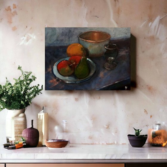 Still life with the old copper bowl