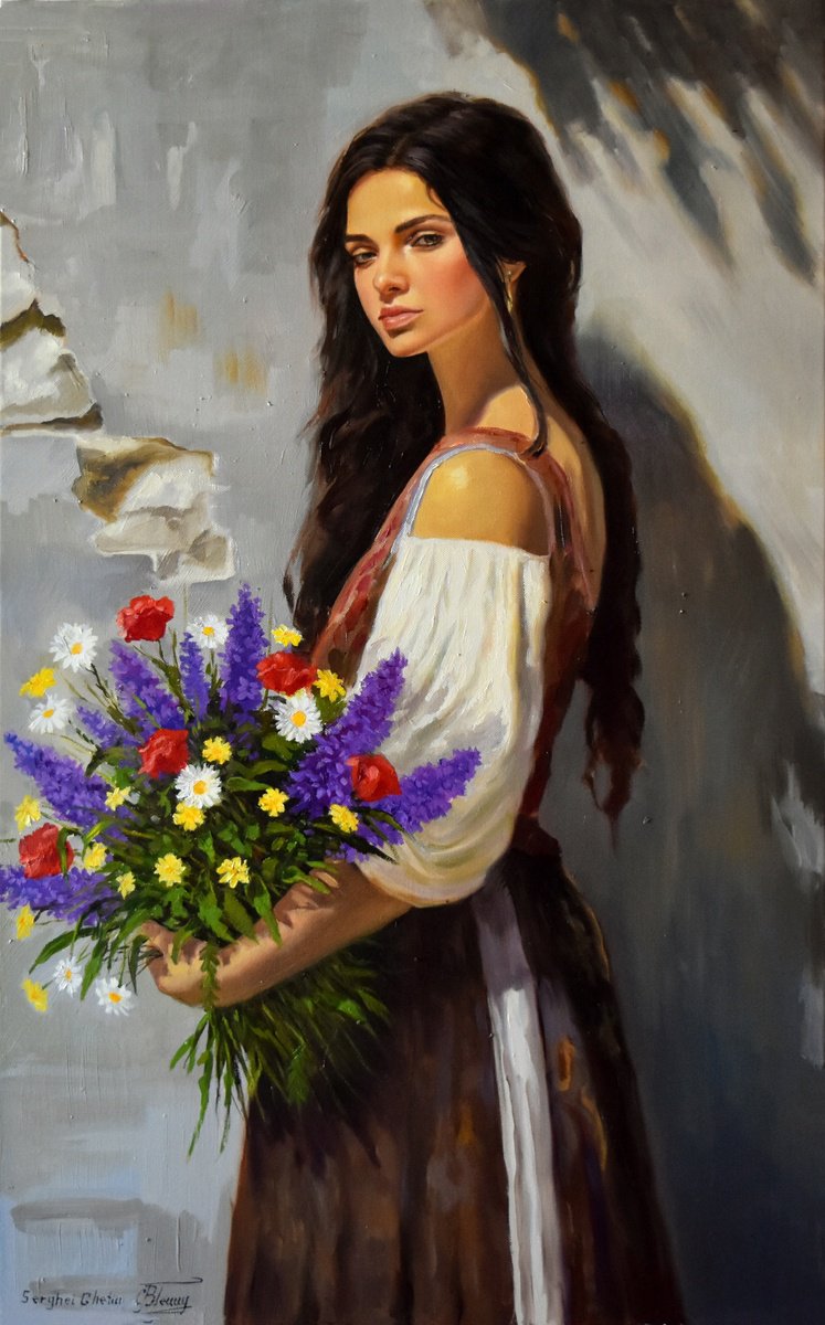 Impressionistic Portrait Oil Painting By Serghei Ghetiu, 20 X 31", A Portrait With Wildflowers, Original Artwork