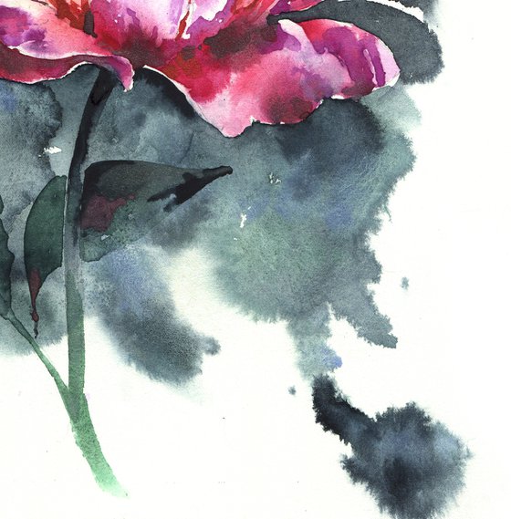 "Scent of a peony flower on a summer evening" original modern expressive watercolor flower on gray background