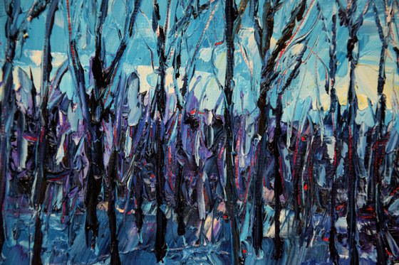 Christmas original oil painting on canvas, Winter twilight forest, snowy landscape, cozy hygge gift