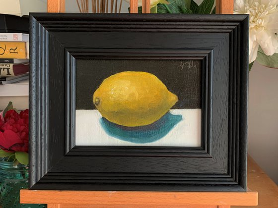 Lemon Still Life original oil realism painting, with wooden frame.