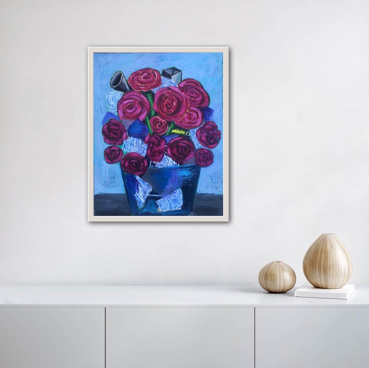 Geometric Botanical Oil Painting By Roberto Munguia Garcia, 16 X 20", Abundant Red Flowers, Original Artwork