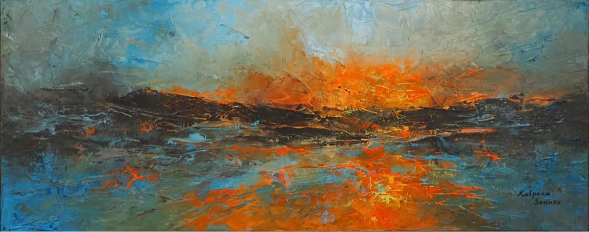 Impressionistic Landscape Oil Painting By Kalpana Soanes, 39 X 16", Unforgotten Shore, Original Artwork