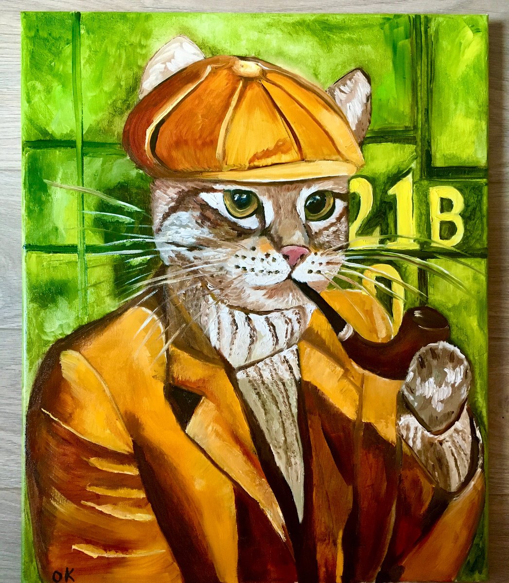 Cat- Sherlock Holmes with a pipe near  Baker  Street 221 B. "Fabulous feline" collection.. by Olga Koval
