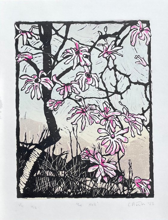 The Melt - Magnolia Blossom Contemporary Linocut Print