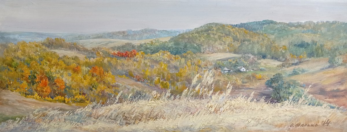Warm autumn day outside a village / Original painting Panoramic picture Plein air artwork... by Olha Malko