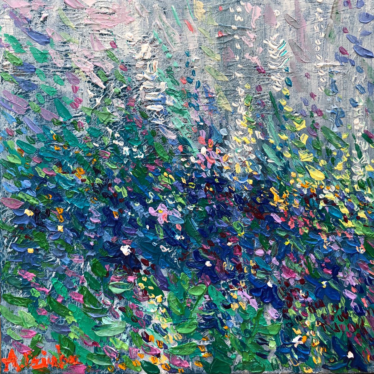 Impressionistic Landscape Acrylic Painting By Adriana Dziuba, 16 X 16, Wild Flower Meadow, Original Artwork