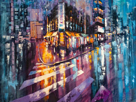 Night city after rain , big painting 80х60