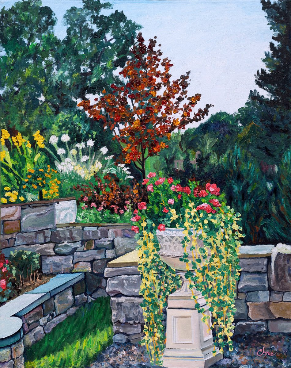 Impressionistic Landscape Oil Painting By Christina M Plichta, 30 X 36, Rose Garden With Urn, Original Artwork
