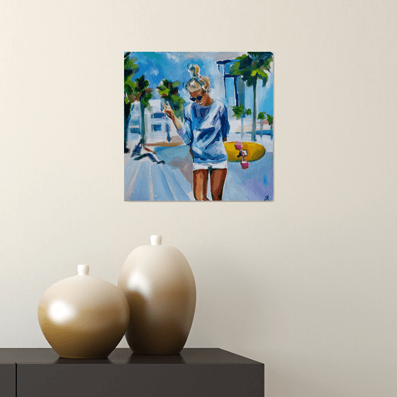 Summer Vibes - oil painting, original gift, summer, palm trees, skate, girl, city, blonde, office decor, home interior, wall art