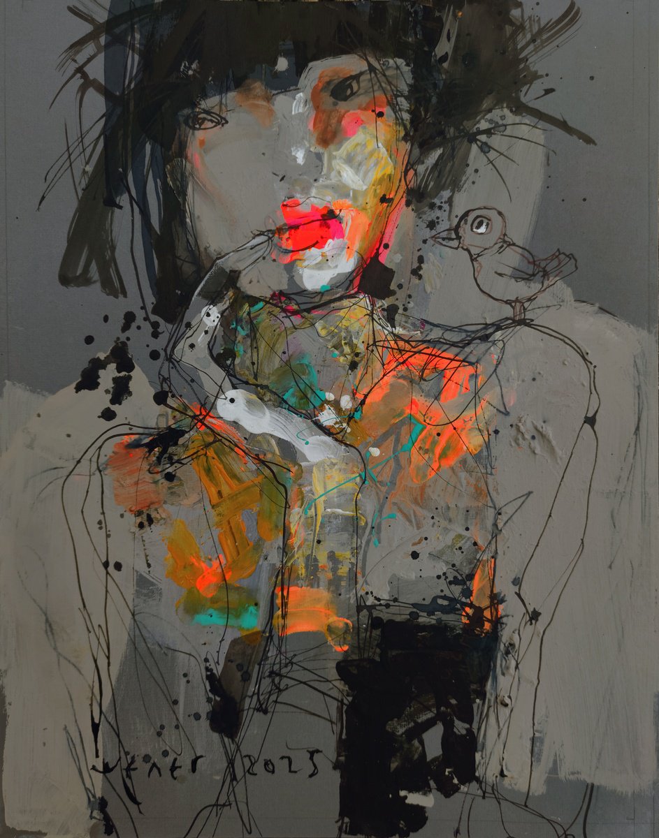 Expressive Portrait Acrylic Painting By Victor Sheleg, 12 X 16", Sparrow, Original Artwork