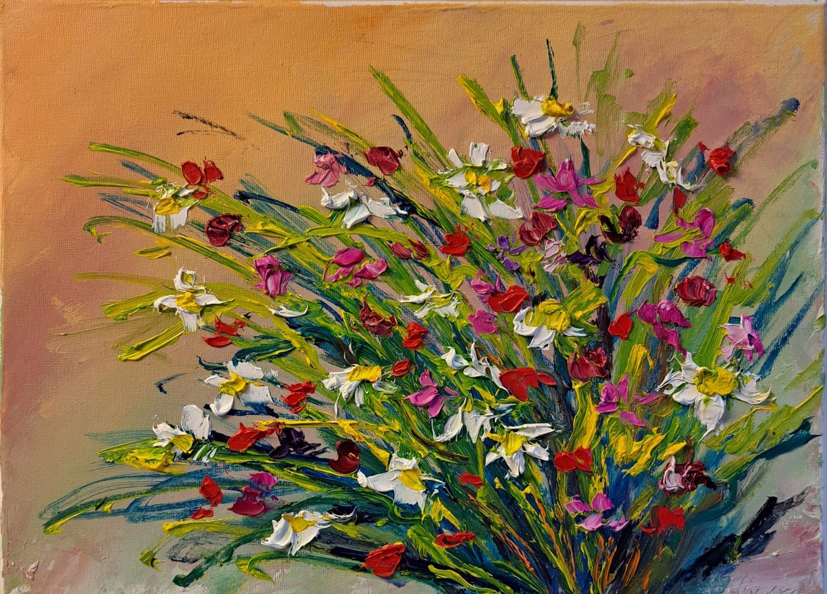 Impressionistic Botanical Oil Painting By Oksana Fedorova, 16 X 12", Wild Flowers Still Life, Original Artwork