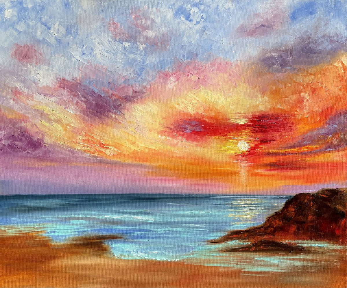 Impressionistic Landscape Oil Painting By Tanja Frost, 25 X 22", Sunset Reverie, Original Artwork