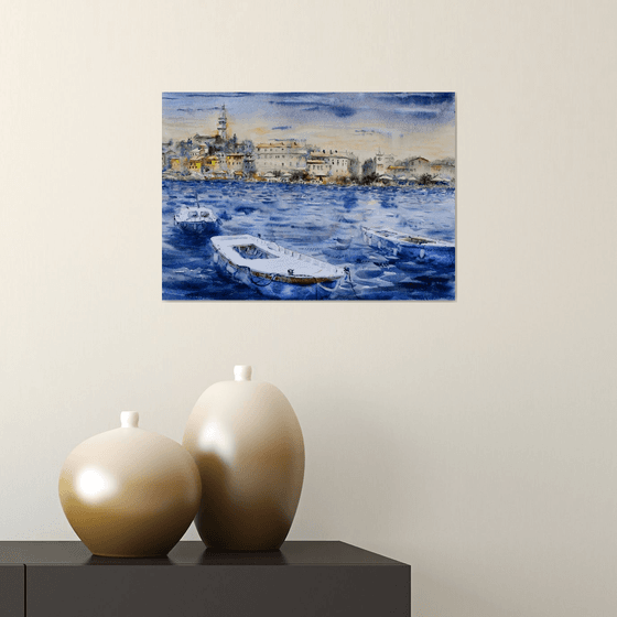 Rovigno old town skyline with boats Croatia 25x36cm 2022