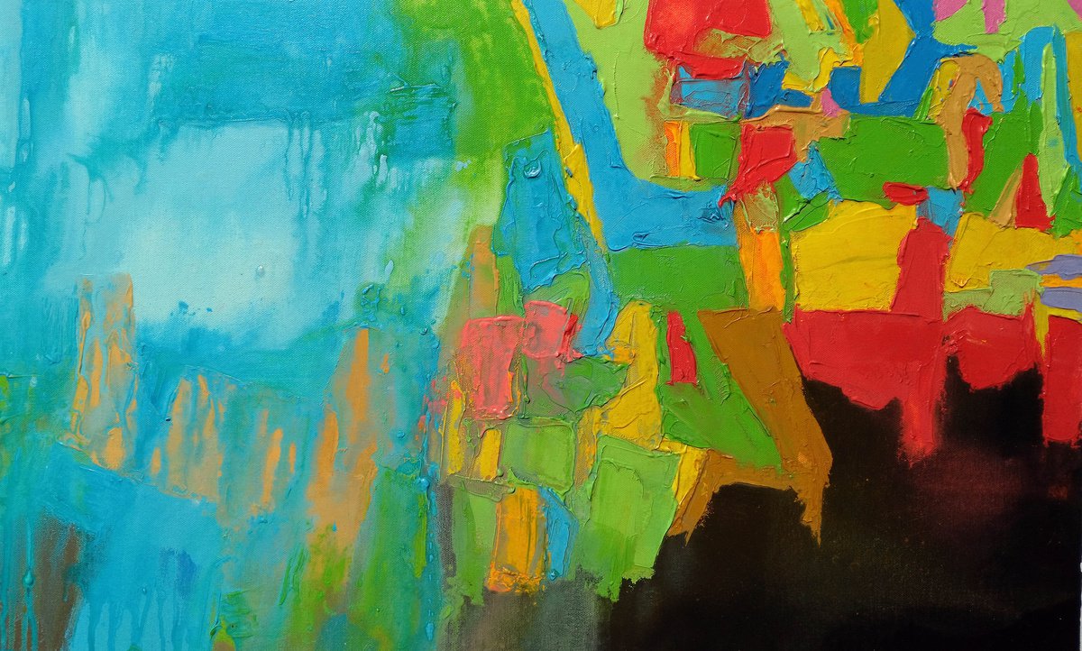 Organic Cityscapes Acrylic Painting By Abhishek Kumar, 30 X 19, Yellow And Green Lights 2, Original Artwork