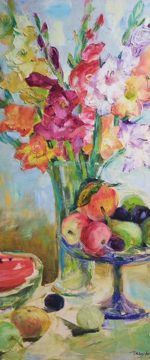 Gladiolus and fruits. The gifts of summer by Helen Shukina