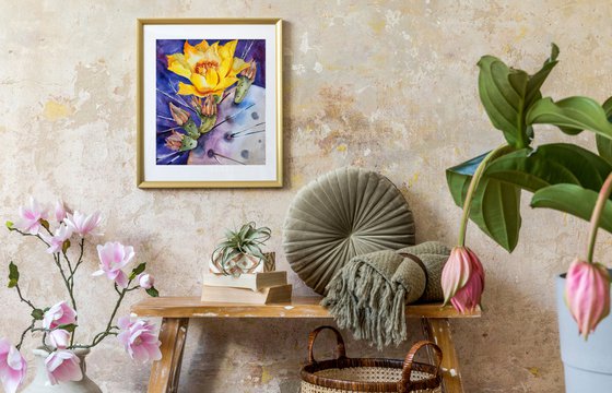 Cacti blossom - yellow flower on violet background, original watercolor