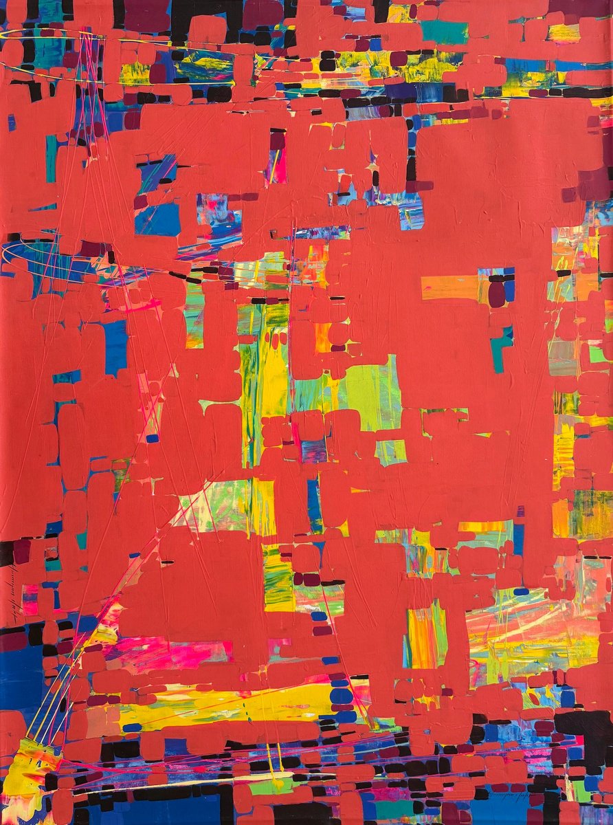 Abstract Oil Painting By Vahe Yeremyan, 43 X 57", Red Motion, Original Artwork