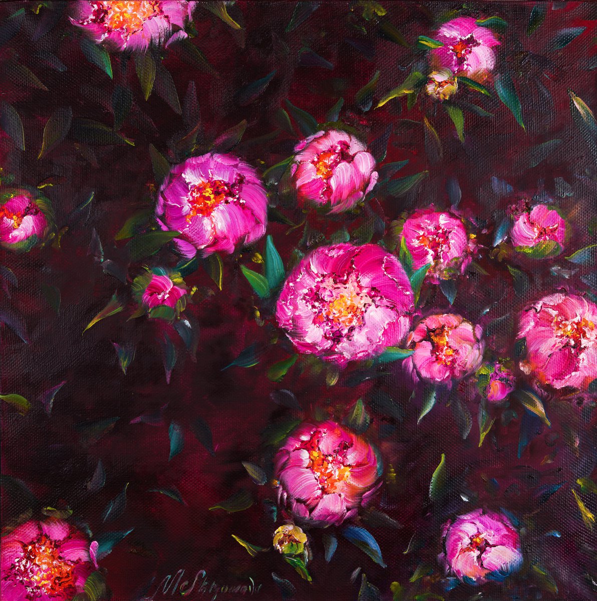 EVENING THICKETS OF PEONIES - Pink flowers. Dark background. Hand painting. Vintage. Drama... by Marina Skromova