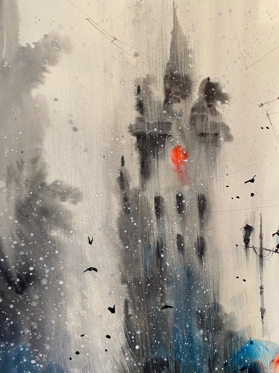 Watercolor “Red accent in the rain” perfect gift