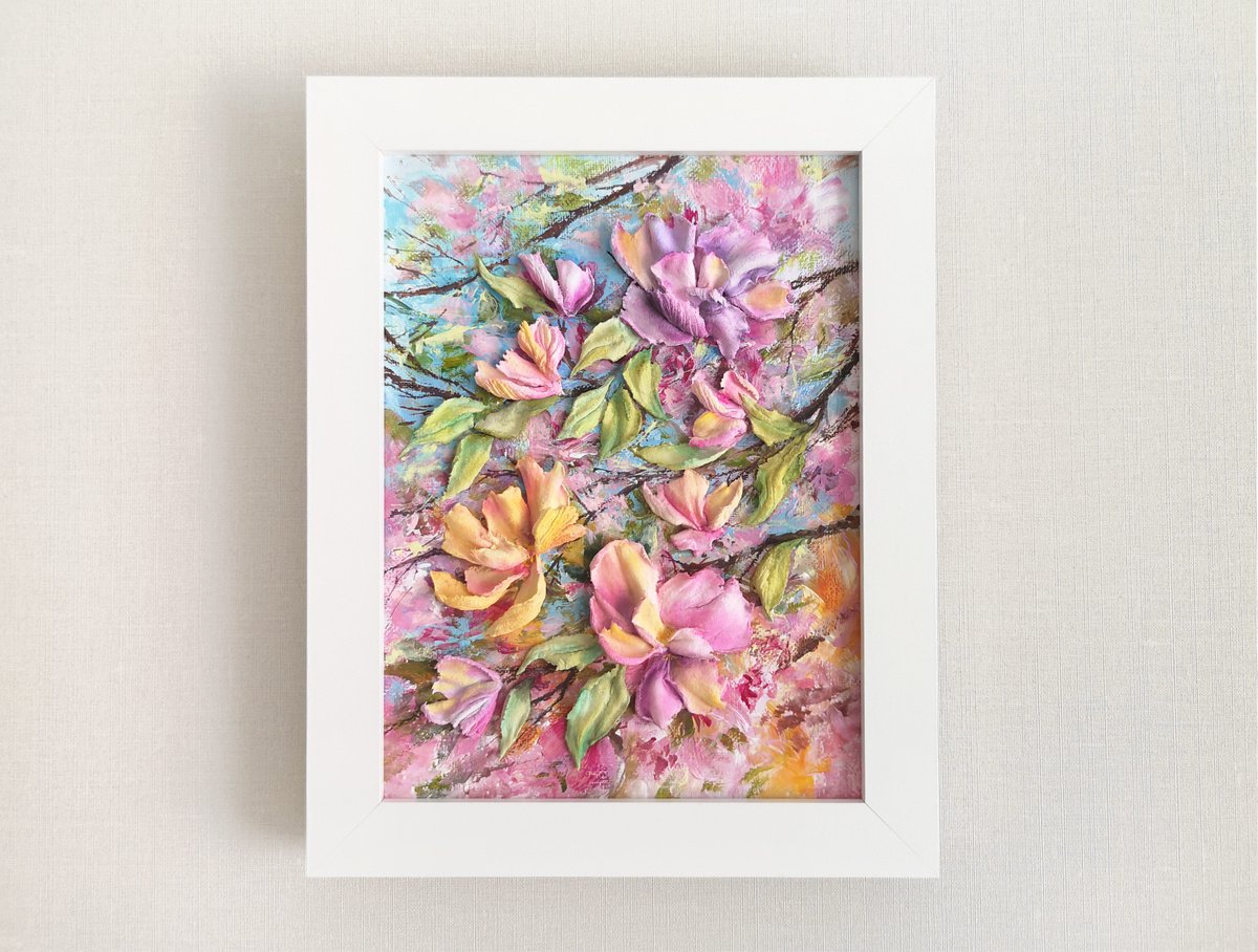 Magnolia flowers sculpture art, small relief floral painting by Olya Grigo