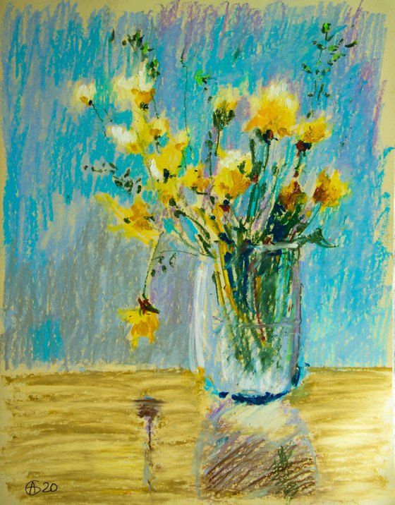 Summer bouquet of dundeliones. Home isolation series. Oil pastel painting. Small original flowers yellow turquoise wild gentle decor interior provence