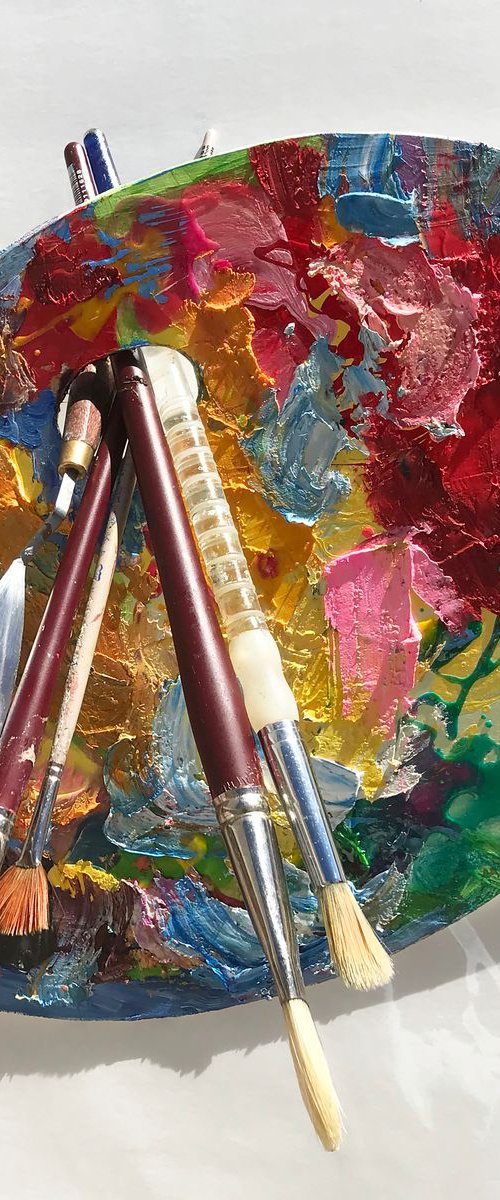 Multicolored Textured  Abstract Artwork on a Wooden Painter's Palette by Lena Owens at OLena Art