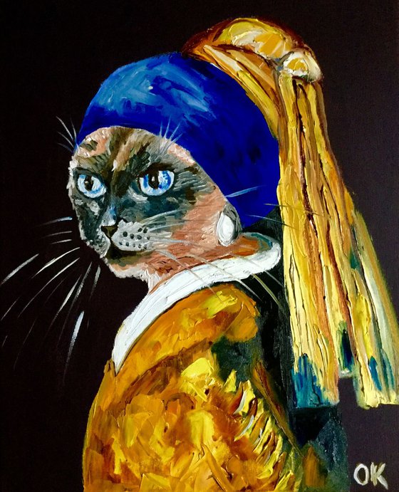 Siamese Cat with the pearl earring. Feline art. Blue eyes. Gift idea for cat lovers