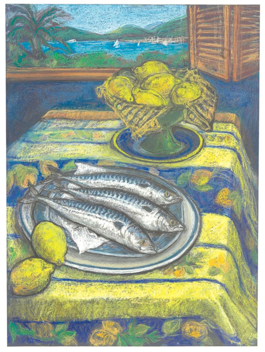 Impressionistic Still Life Painting By Patricia Clements, 32 X 41", Three Fish With A View, Original Artwork