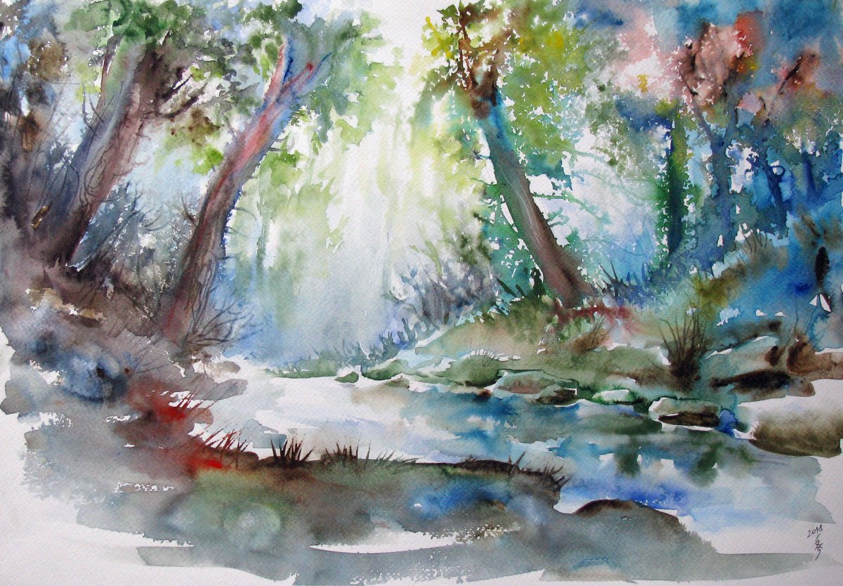 Impressionistic Landscape Watercolour By Szekelyhidi Zsolt, 19 X 13", Dawn In Forest, Original Artwork