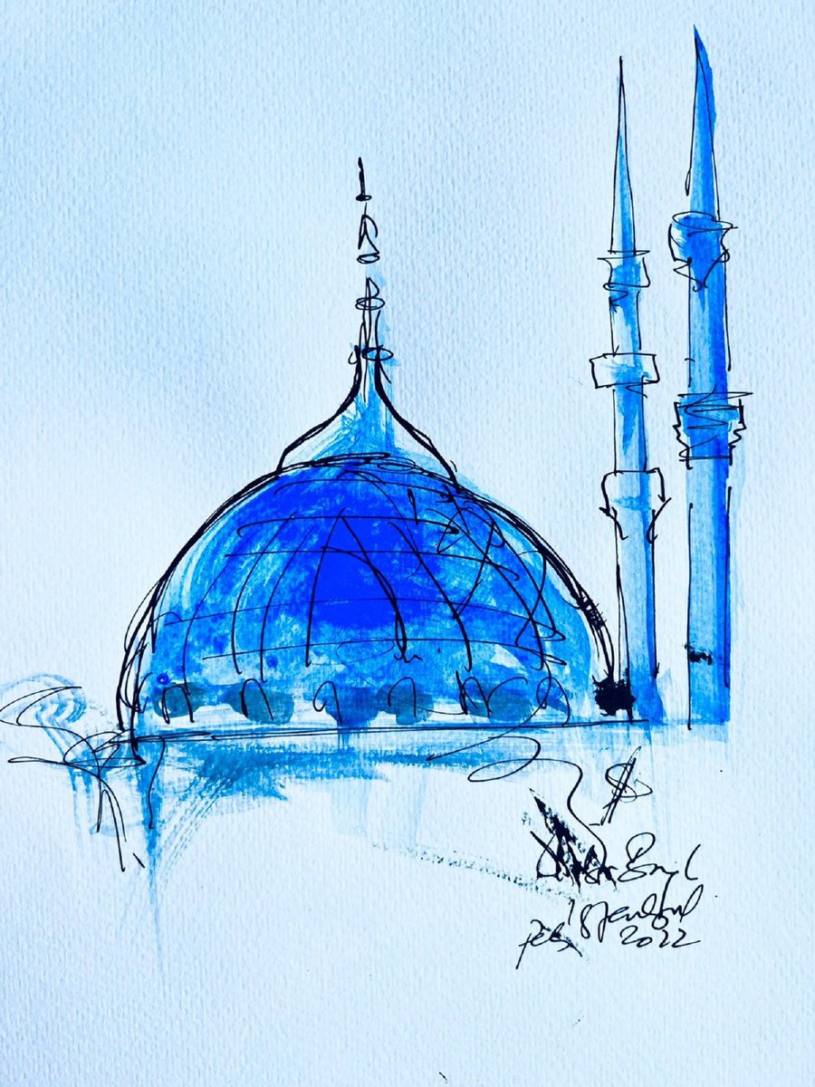 Expressive Cityscapes Painting By Shabs Beigh, 13 X 15", The Dome And Two Minarets, Original Artwork