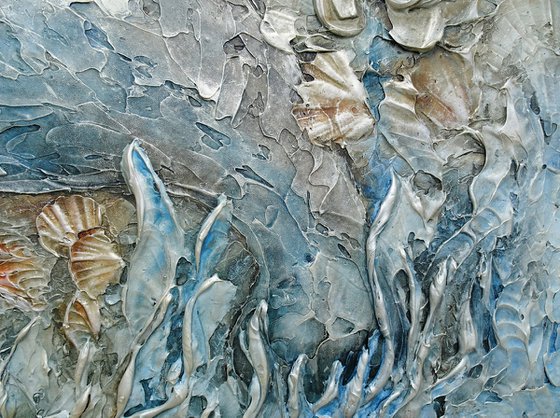 MANATEE AND SEA SHELLS . Abstract Textured 3D Art, Contemporary Painting with Dimensions