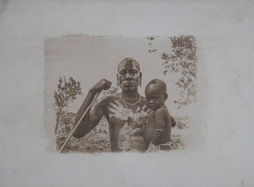 Parenthood, Cyanotype Print, Ethiopian Man with Son, Tea Toned, African tribal body painting, wall Art Photography by MINDIA MIDELASHVILI
