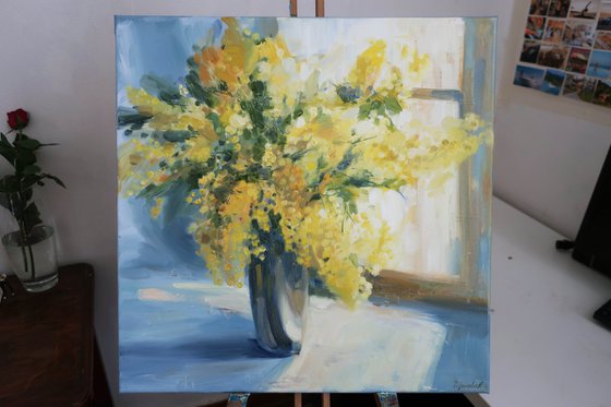 Oil painting Yellow flowers Mimosa