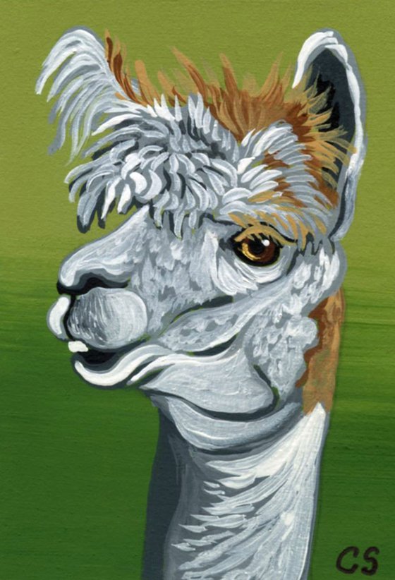 ACEO ATC Original Miniature Painting LLama Farmyard Art-Carla Smale