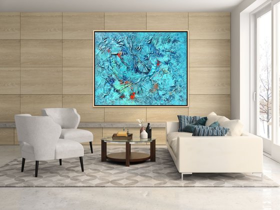 UNBELIEVABLE SUMMER. Abstract Blue, Teal, Turquoise Textured Coastal Large Painting