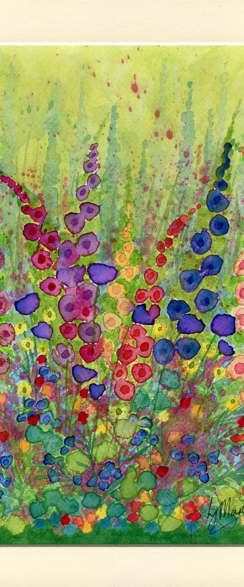 Hollyhocks - mounted watercolour, small gift idea by Lisa Mann