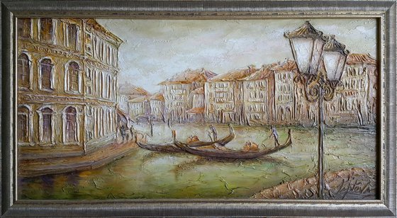 Painting oil Venice - Walk through the canal, Impasto painting on canvas.