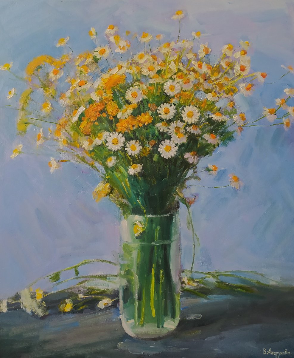 Impressionistic Still Life Oil Painting By Valentina Andrukhova, 20 X 24", Tansy And Daisies, Original Artwork