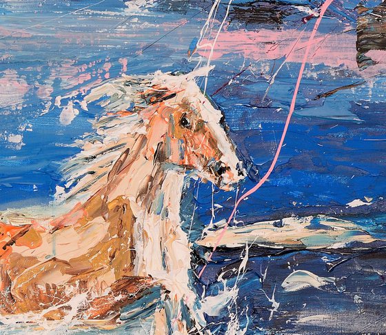 Horse painting - Five horses on the beach 160 x 80 cm. Equine sea art