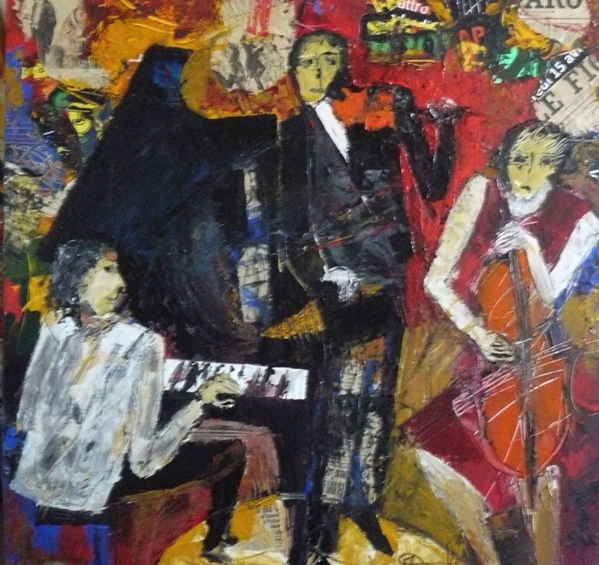 Expressive Portrait Collage By Jacques Donneaud, 28 X 28, Trio Classique, Original Artwork