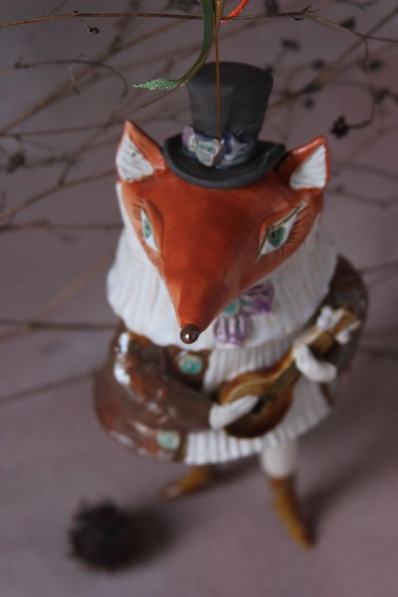 FOXY WITH A MANDOLIN, SCULPTURED CERAMIC BELL DOLL 2018