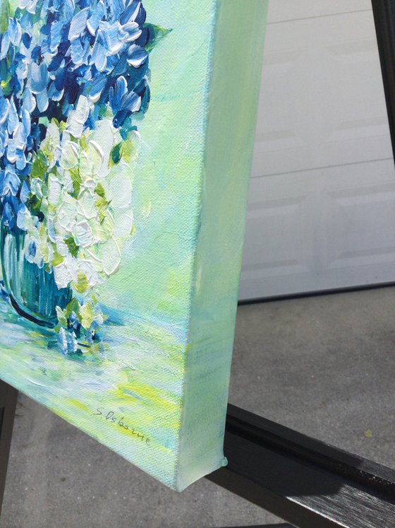 White and Blue Hydrangea Small Painting on Canvas. Impressionistic Stile Flowers Abstract Floral. Modern Impressionism Contemporary Art