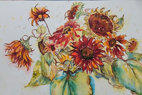 Orange Sunflowers (large watercolour and mixed media floral)